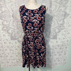 Euc $59 French Grey Stretch Fit & Flare Skater Tank Dress Navy Red Floral L